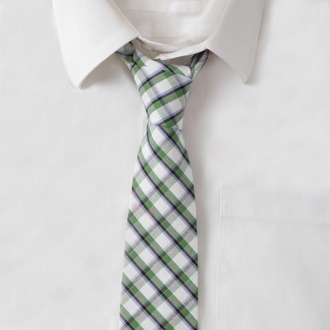 Cotton Green & White Plaid Tie