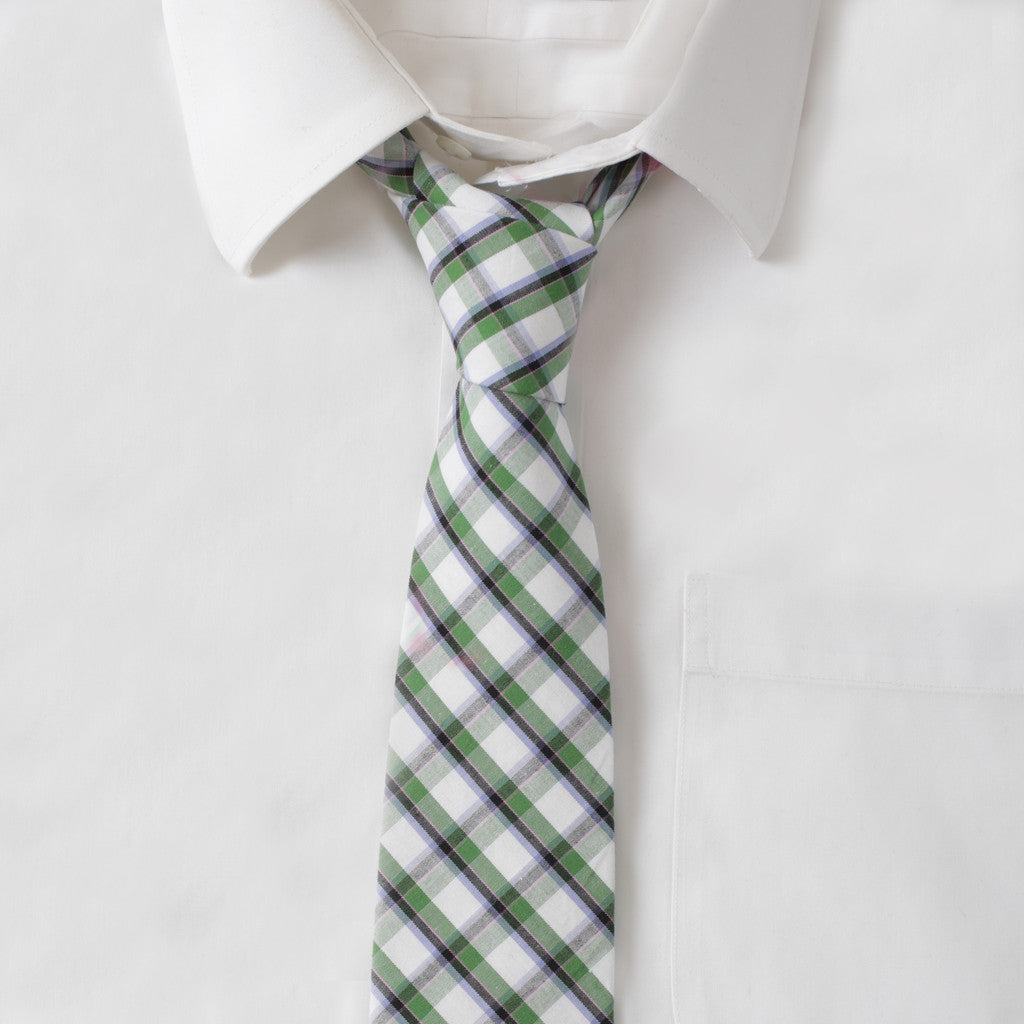 Cotton Green & White Plaid Tie