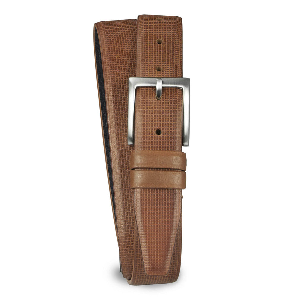 Grid Emboss Leather Belt - Tan